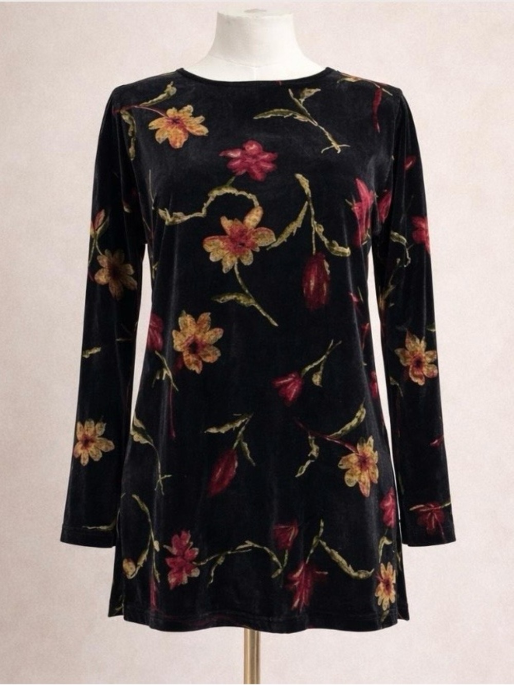 Vintage 90s Dark Floral Velvet Tunic Top M Whimsigoth Witchy Romantic Grunge